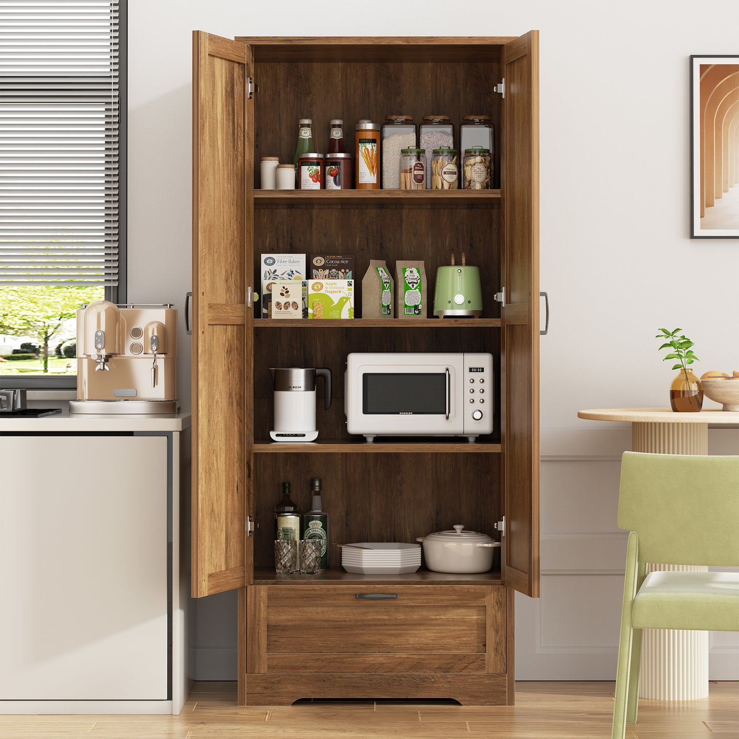 Walsunny 65" Kitchen Pantry Cabinet Freestanding Farmhouse Storage Cabinet with 4 Shelves and 1 Drawer Tall Cupboard Brown