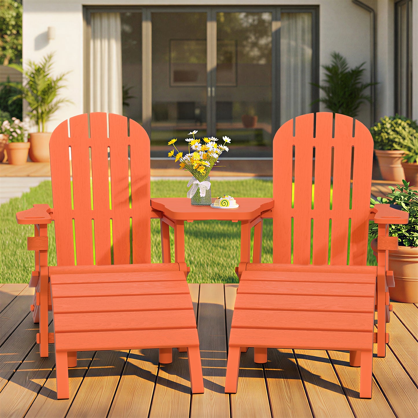 Walsunny Adirondack Chairs Set of 2 HDPE Outdoor Chair Set with Connecting Tray Cup Holder Removable Tabletop Pull-Out Footrest,All-Weather HDPE Outdoor Chair Set