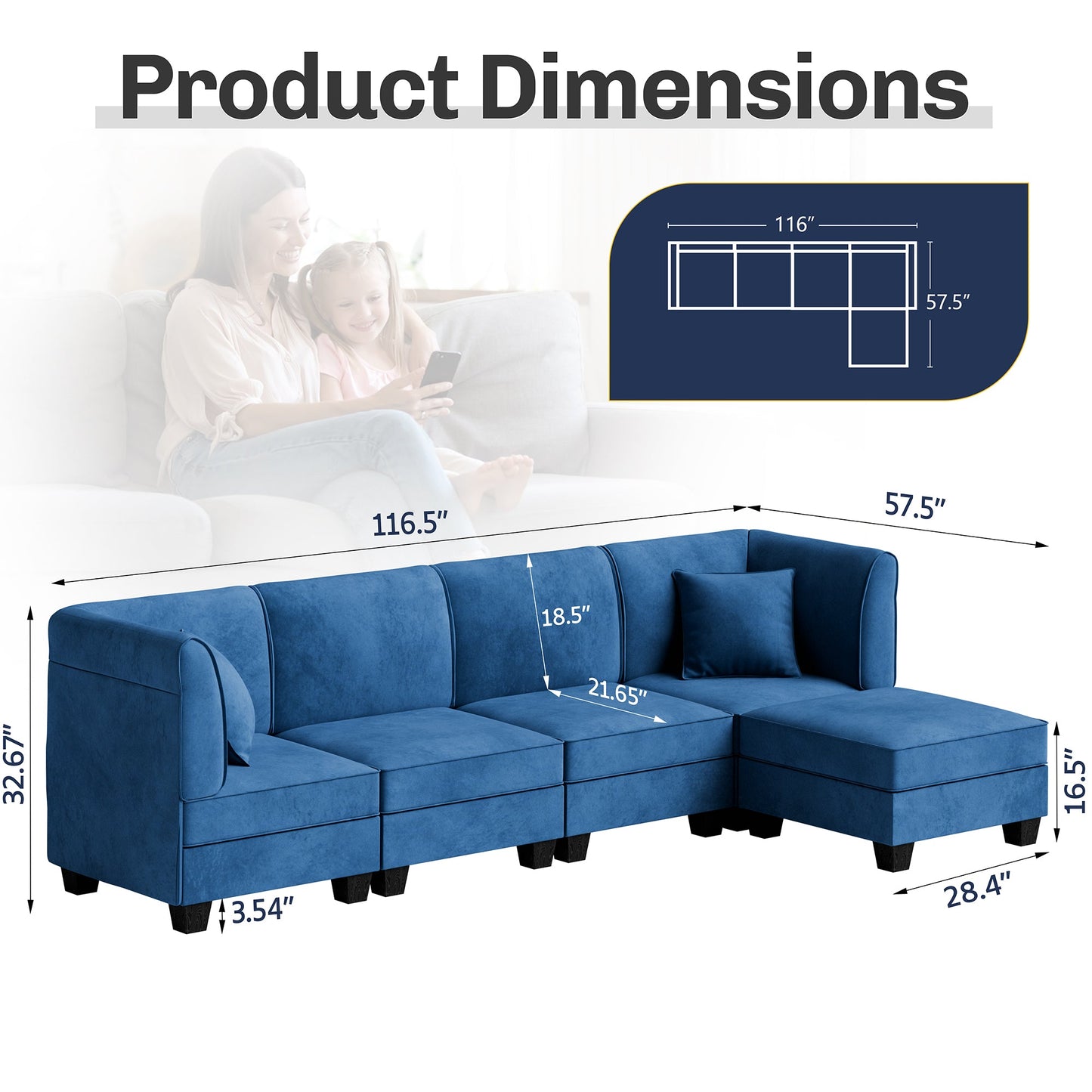 Walsunny Velvet 5 Pieces Modular Sectional Sofa L-Shaped Couch With Reversible Chaise