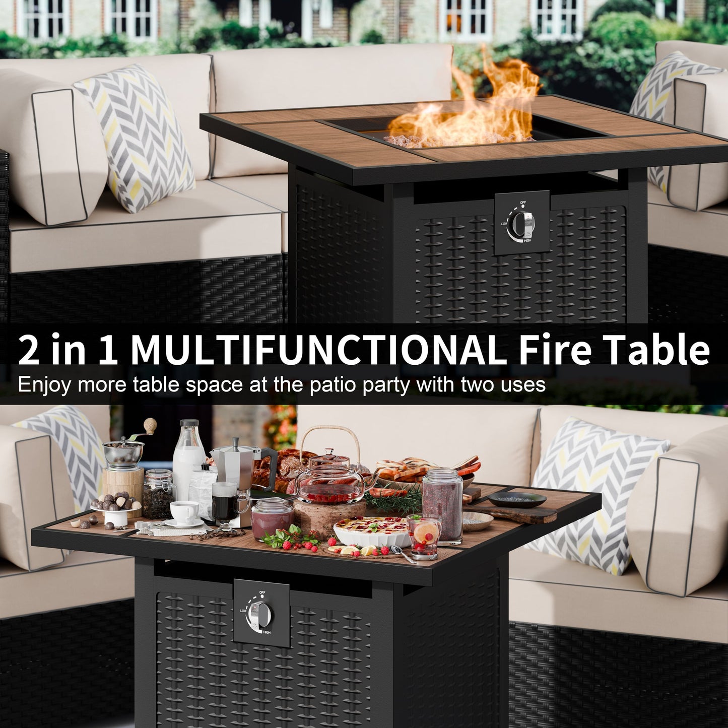 Walsunny 28" Propane Gas Fire Pit Table 50,000 BTU Square Outdoor Wicker