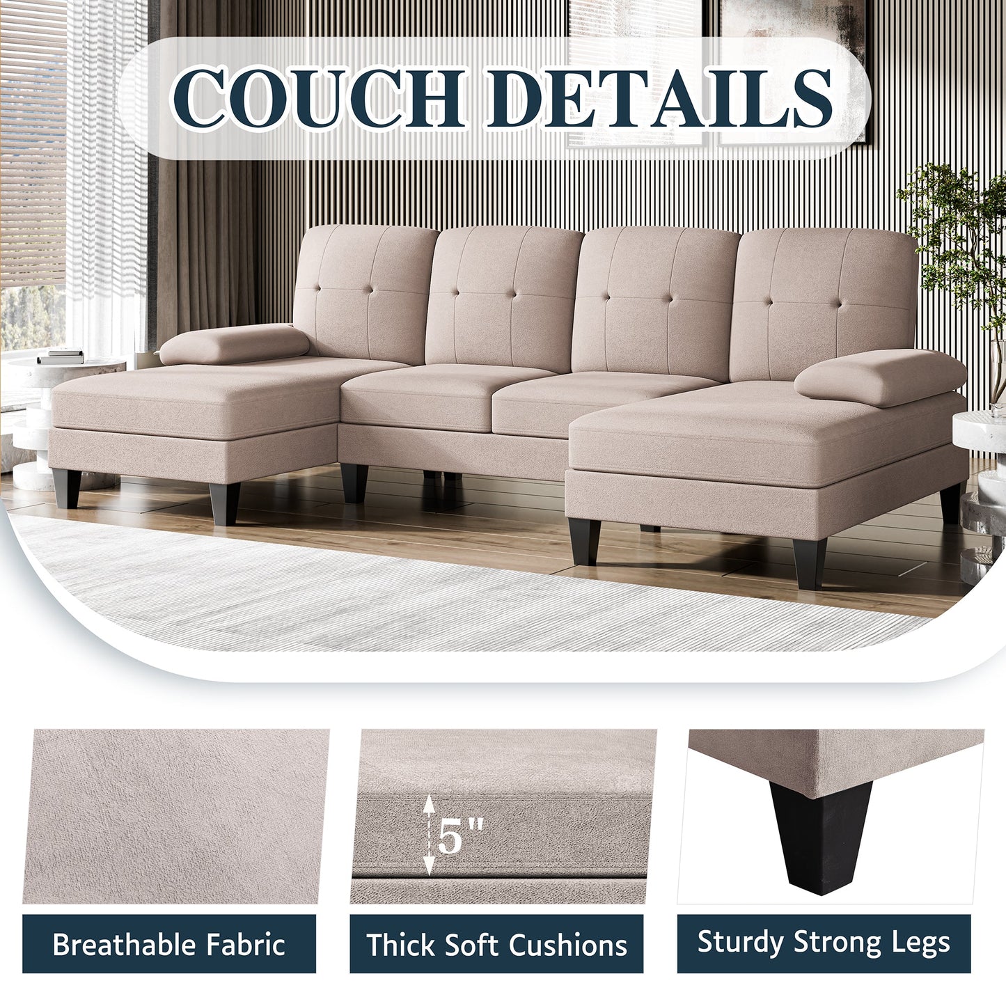 Walsunny 106'' 4-Seat U Shaped Modern Sectional Sofa with Double Chaises