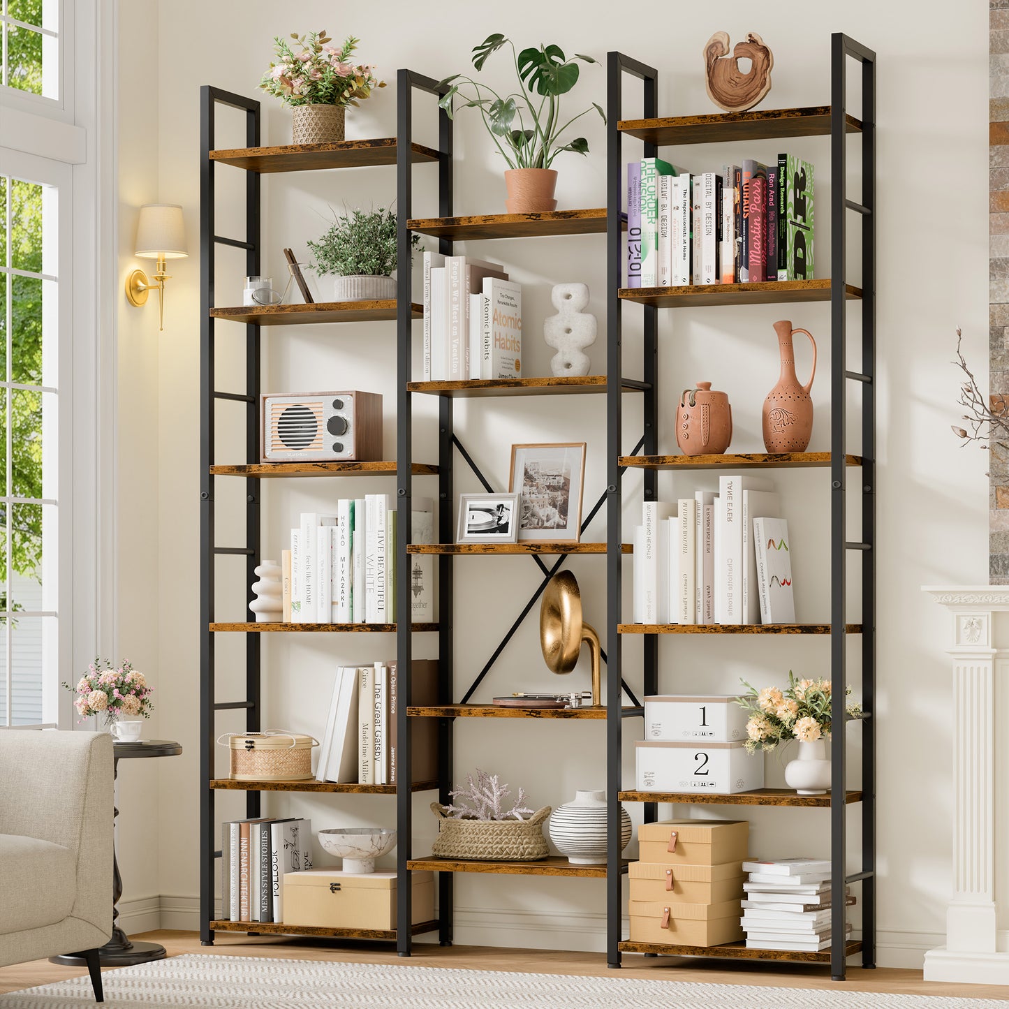 Walsunny Triple 5 Tier Bookshelf, Industrial Large Bookcase with 14 Open Display Shelves, Large Etagere Bookshelf,Wide Book Shelf Book Case for Home & Office, Rustic Brown