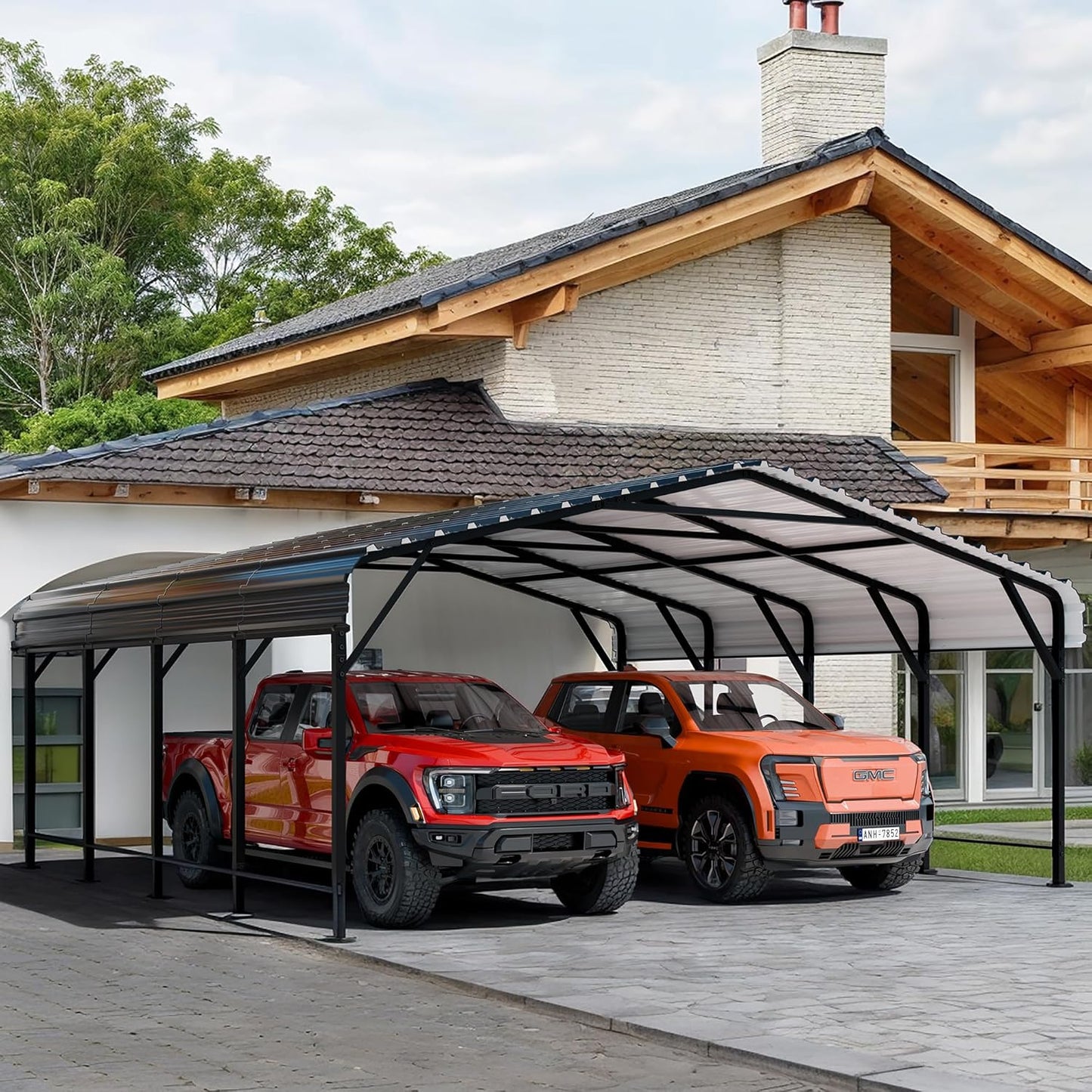 Walsunny 20x20 FT Carport,Heavy Duty Carports Canopy with Steel Roof and Frame,Metal Carport with Enhanced Base Oversized Garage Outdoor Galvanized Shelter for Cars, Boats and Tractors