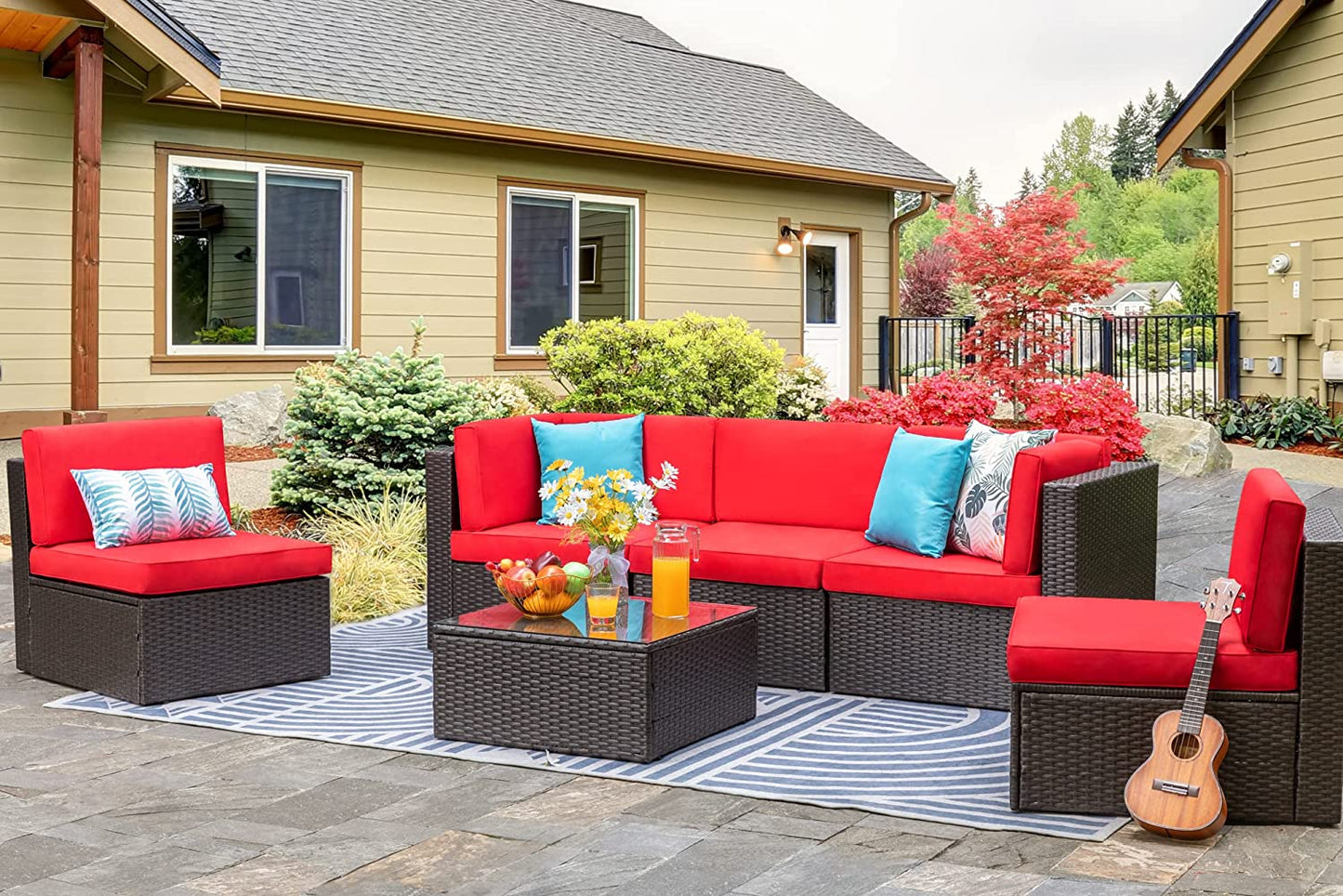 Walsunny Patio Furniture 6 Pieces PE Wicker Outdoor Sectional Sofa Set