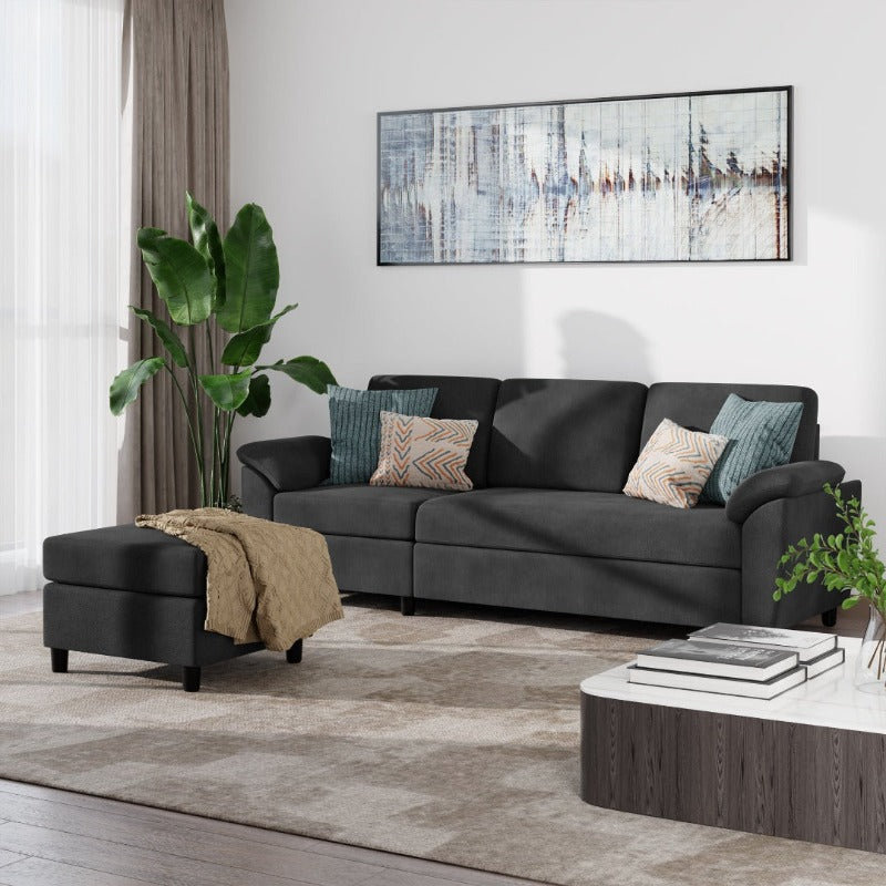 Walsunny 3 Seat L-Shaped Sectional Sofa With Movable Ottoman#color_black
