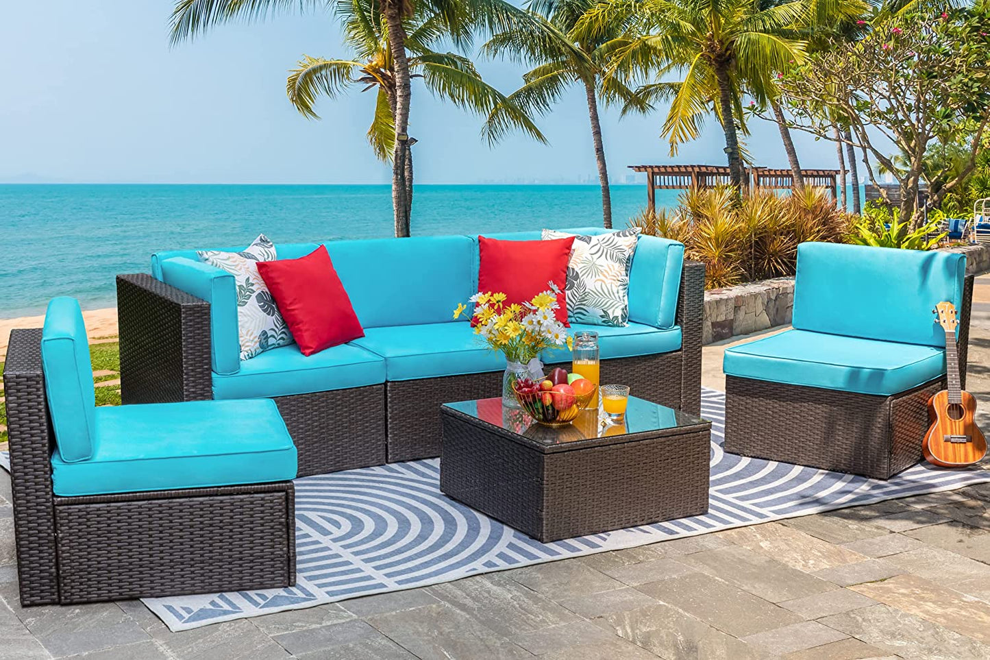 Walsunny Patio Furniture 6 Pieces PE Wicker Outdoor Sectional Sofa Set