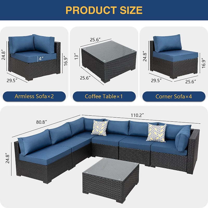 Walsunny Patio Furniture 7 Pieces Outdoor Sectional Sofa Set, Black Wicker#color_aegean-blue