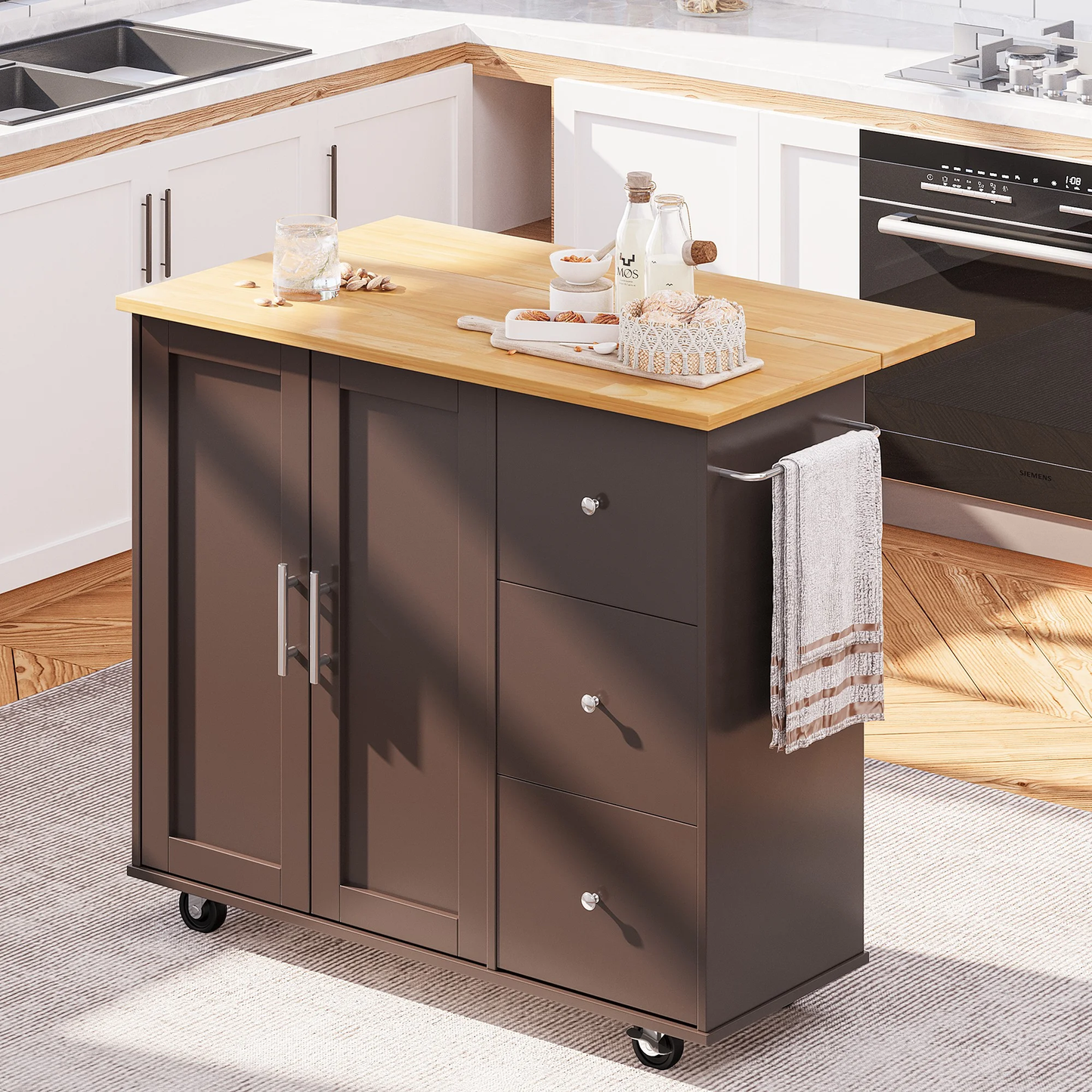 Walsunny Kitchen Island on Wheels with Storage Cabinet & Foldable Drop Leaf, 39.7" Width Rolling Kitchen Table