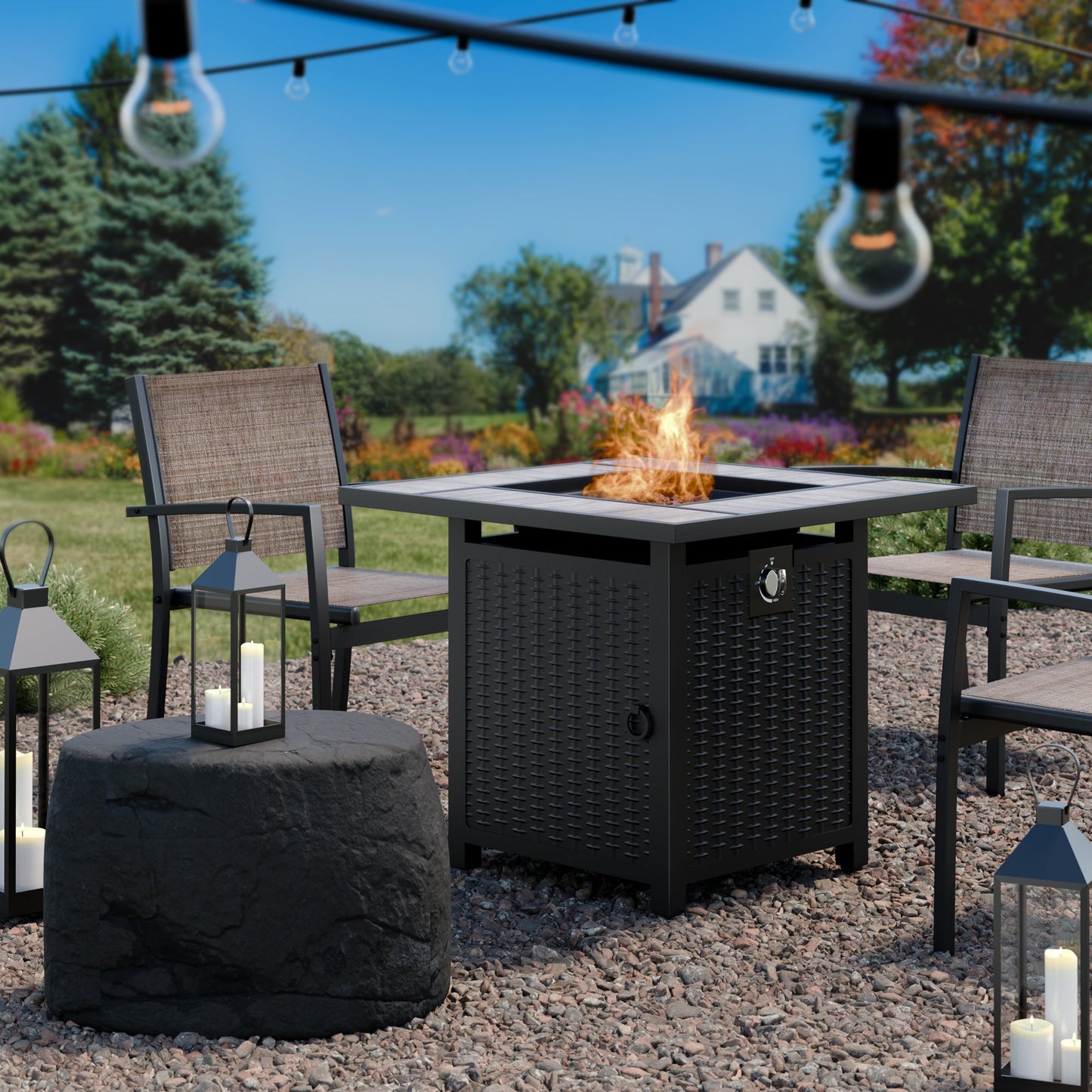 Walsunny 28" Propane Gas Fire Pit Table 50,000 BTU Square Outdoor Wicker