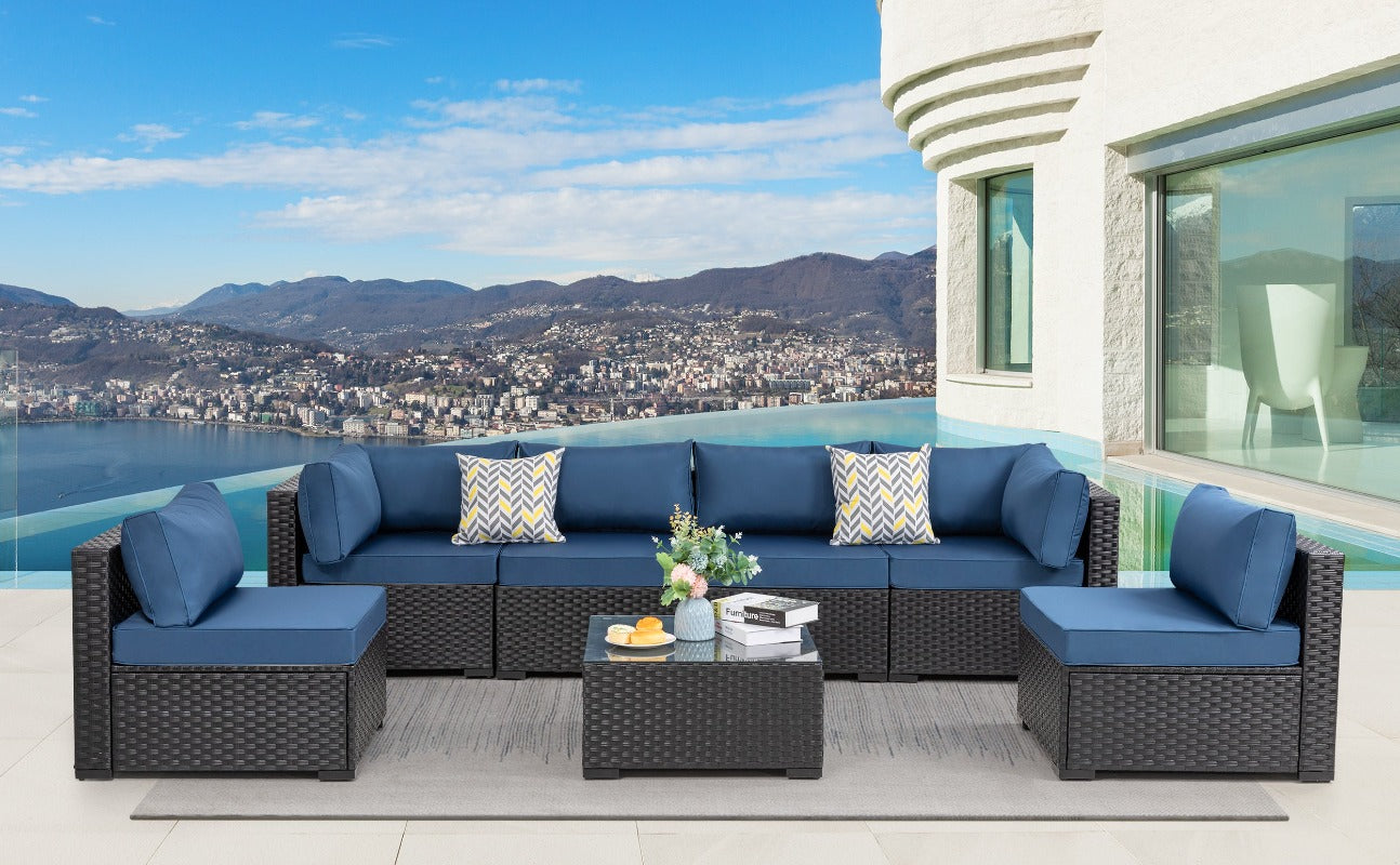 Walsunny Patio Furniture 7 Pieces Outdoor Sectional Sofa Set, Black Wicker#color_aegean-blue