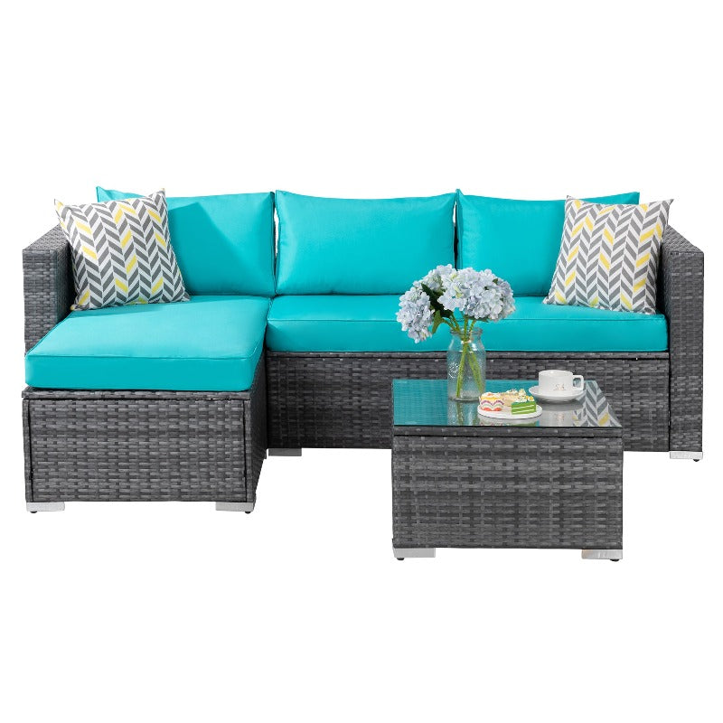 Walsunny 3 Pieces Outdoor Sectional Sofa Set With Silver Wicker & Chaise#color_blue