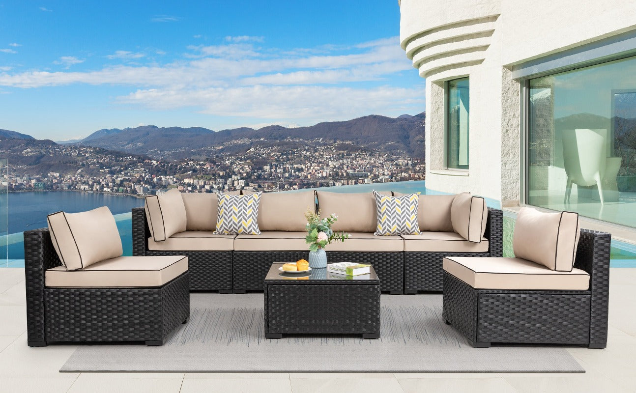 Walsunny Patio Furniture 7 Pieces Outdoor Sectional Sofa Set, Black Wicker#color_khaki