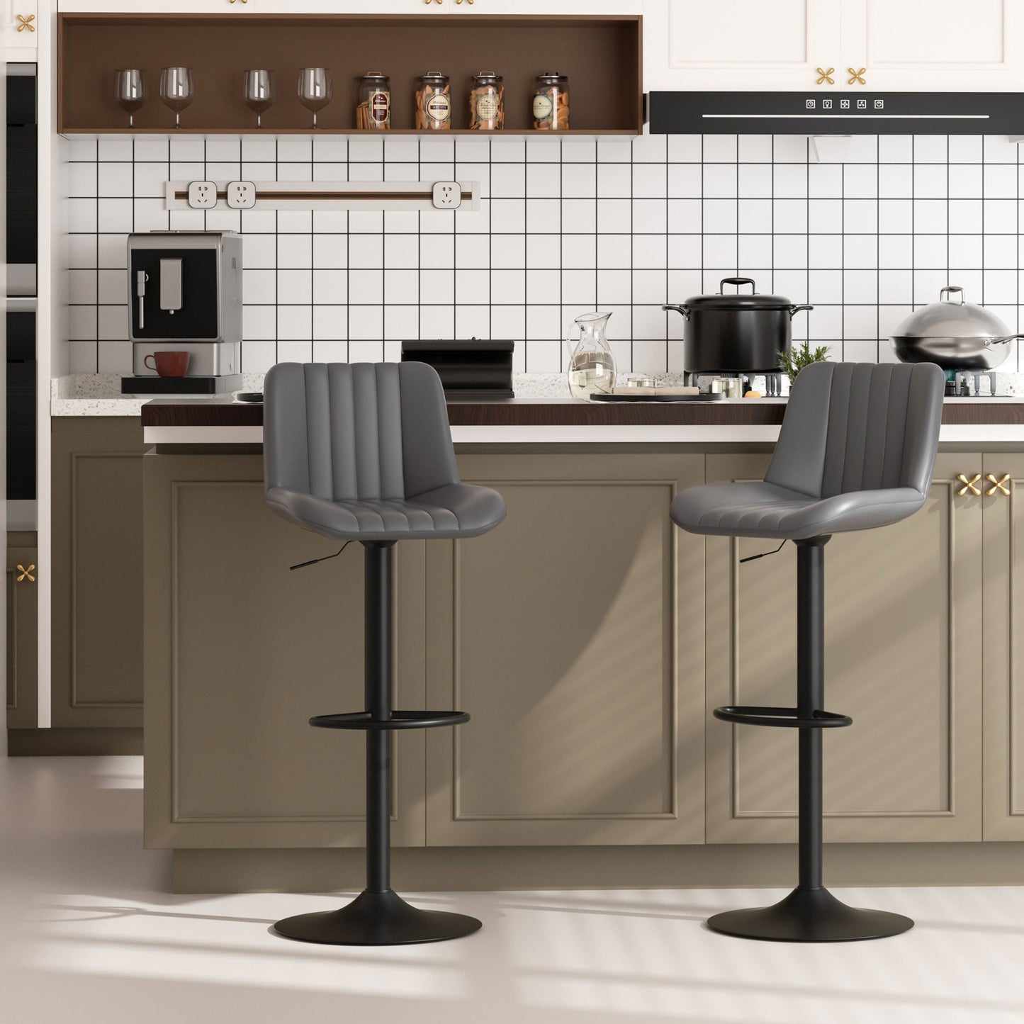Walsunny Bar Stools Set of 2,Adjustable Leather Counter Height with High Backrest,Bar Chairs for Kitchen Island Dining,Room Bar
