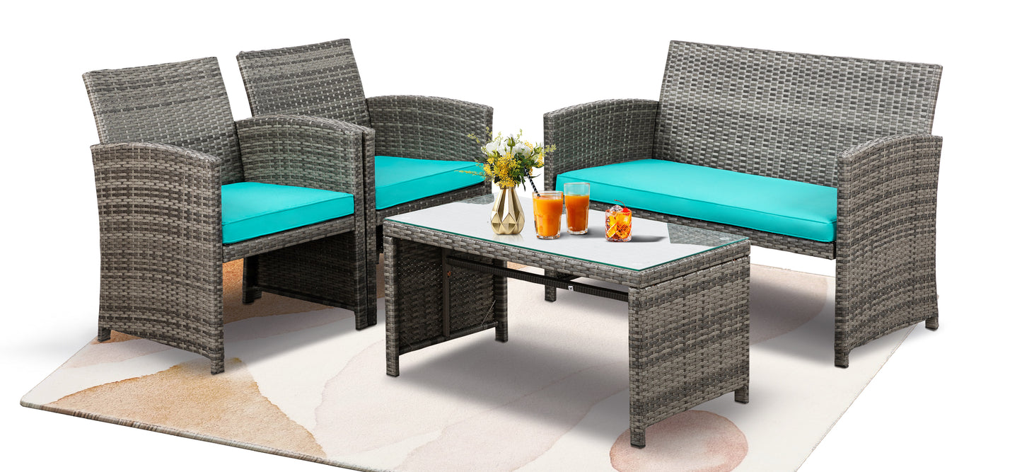 Walsunny 4 Piece Patio Furniture Set, Outdoor Furniture Set Patio Wicker Conversation Set with Cushions and Tempered Glass Tabletop for Lawn Backyard Pool Garden