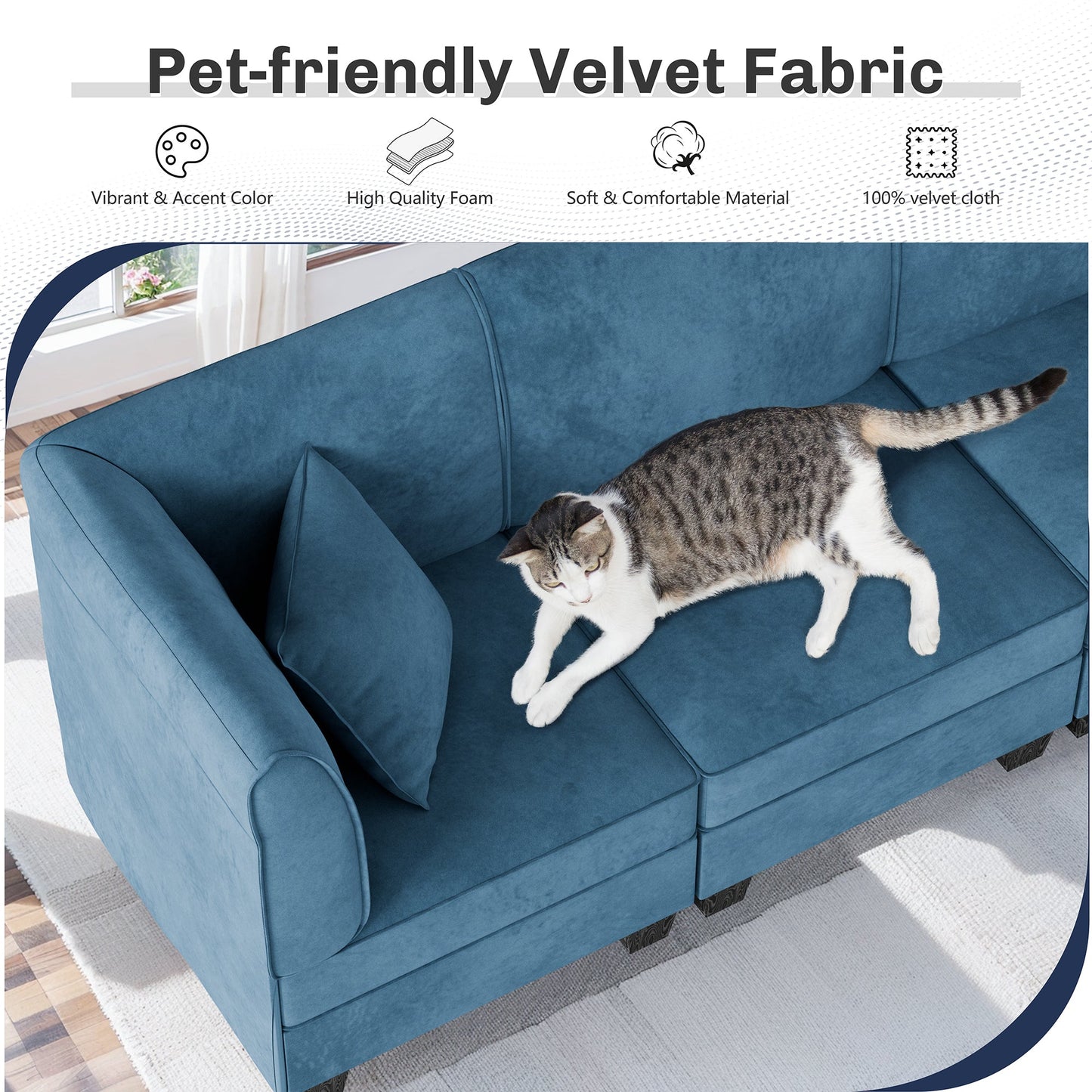 Walsunny Velvet 5 Pieces Modular Sectional Sofa L-Shaped Couch With Reversible Chaise