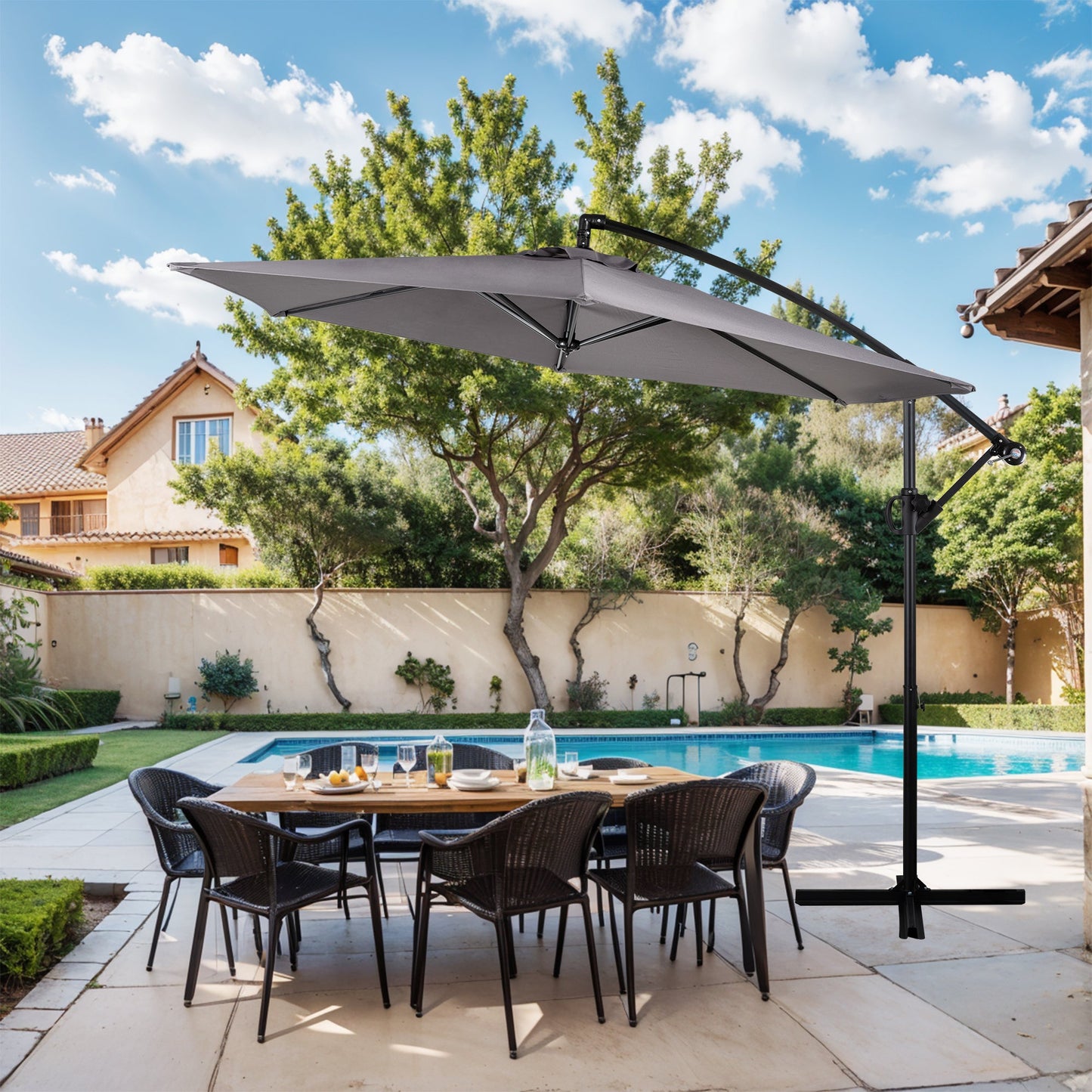 Walsunny 9FT Patio Offset Umbrella Easy Tilt Adjustment,Crank and Cross Base, Outdoor Cantilever Hanging Umbrella with 6 Ribs