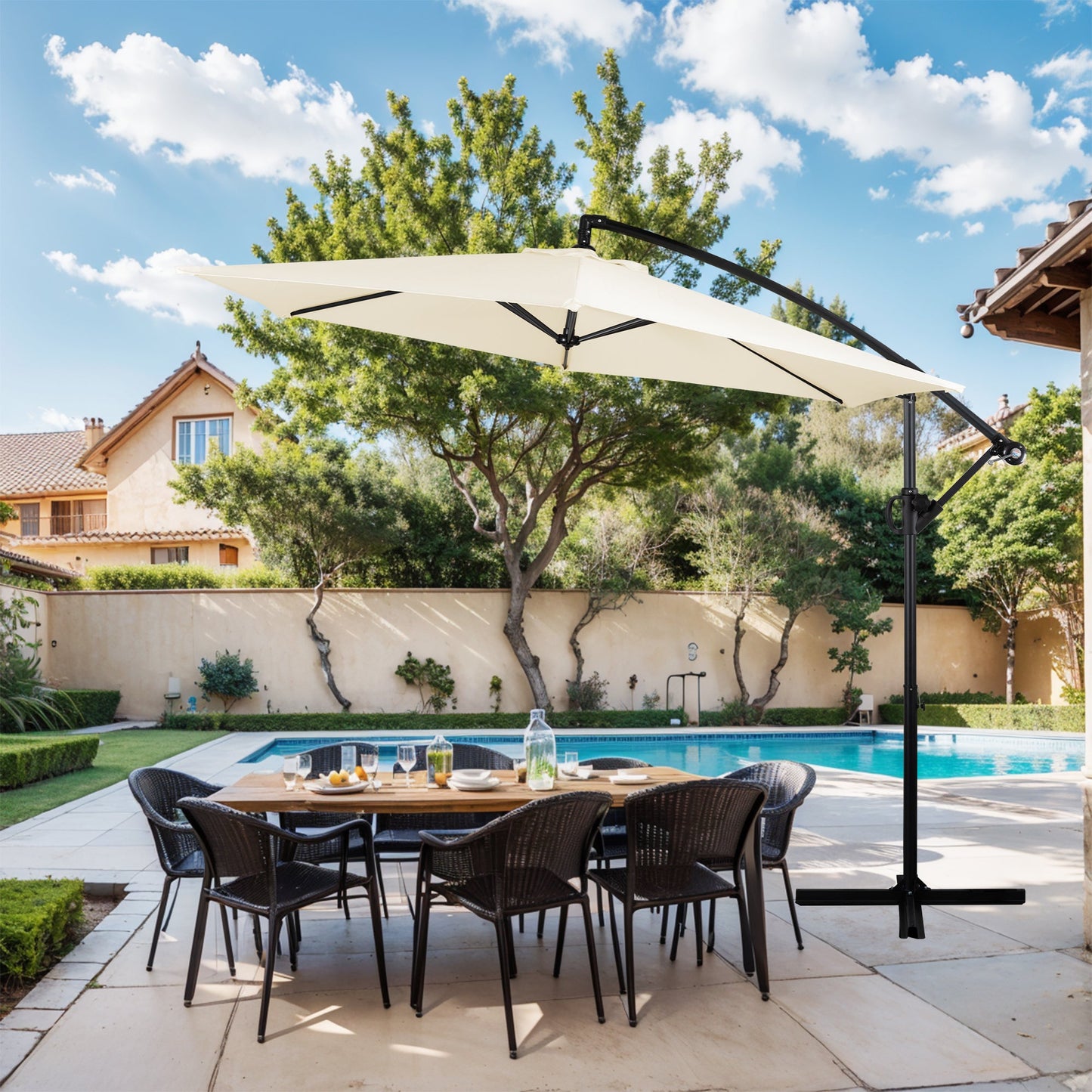 Walsunny 9FT Patio Offset Umbrella Easy Tilt Adjustment,Crank and Cross Base, Outdoor Cantilever Hanging Umbrella with 6 Ribs
