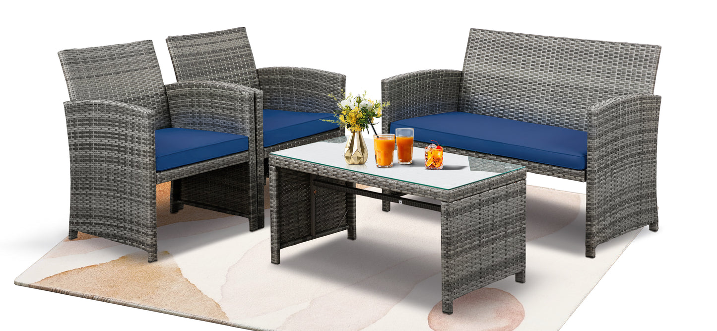 Walsunny 4 Piece Patio Furniture Set, Outdoor Furniture Set Patio Wicker Conversation Set with Cushions and Tempered Glass Tabletop for Lawn Backyard Pool Garden