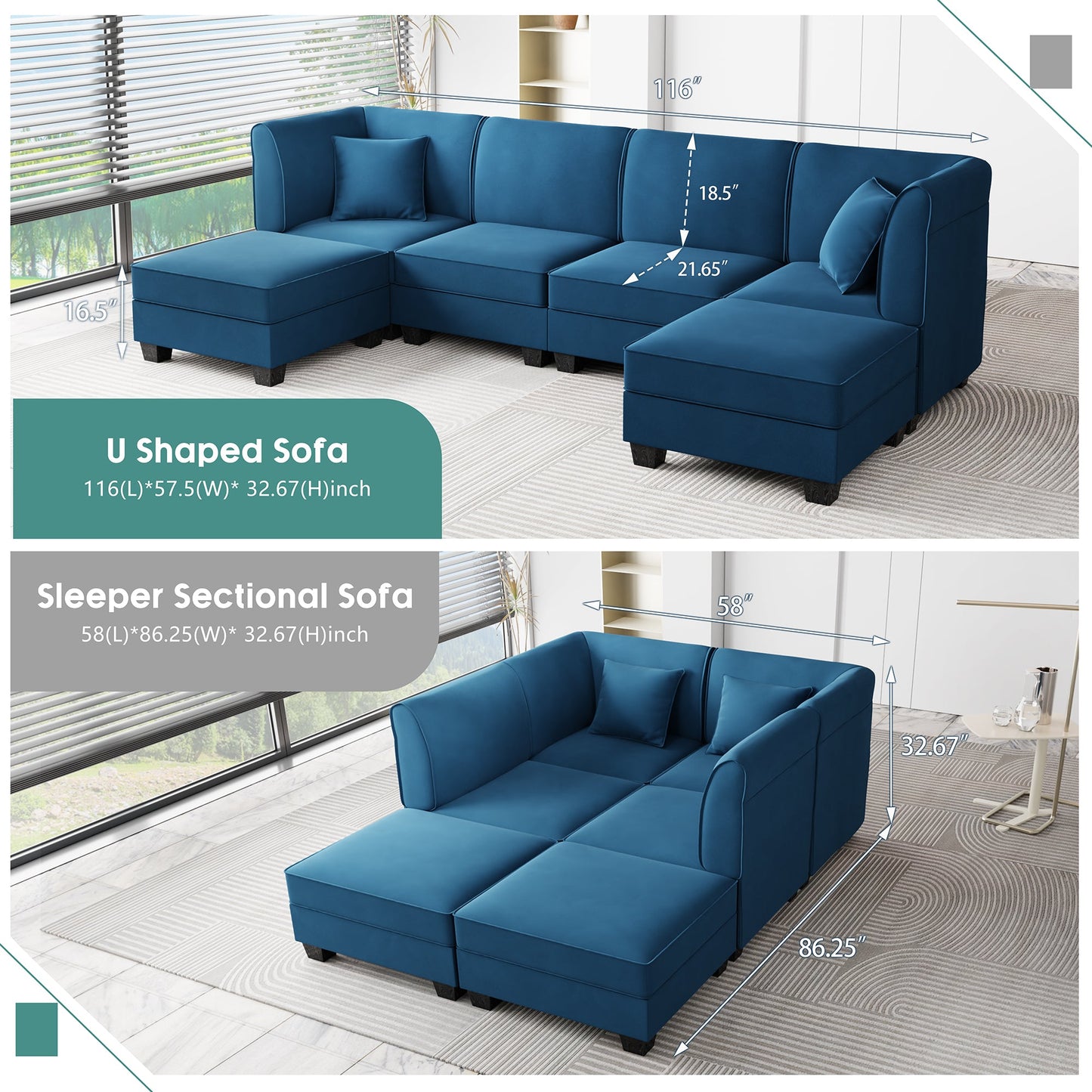 Walsunny U-Shape Convertible Sectional Sofa Couch with 6 Seats