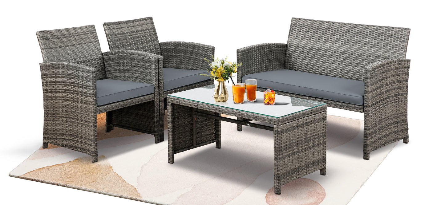 Walsunny 4 Piece Patio Furniture Set, Outdoor Furniture Set Patio Wicker Conversation Set with Cushions and Tempered Glass Tabletop for Lawn Backyard Pool Garden
