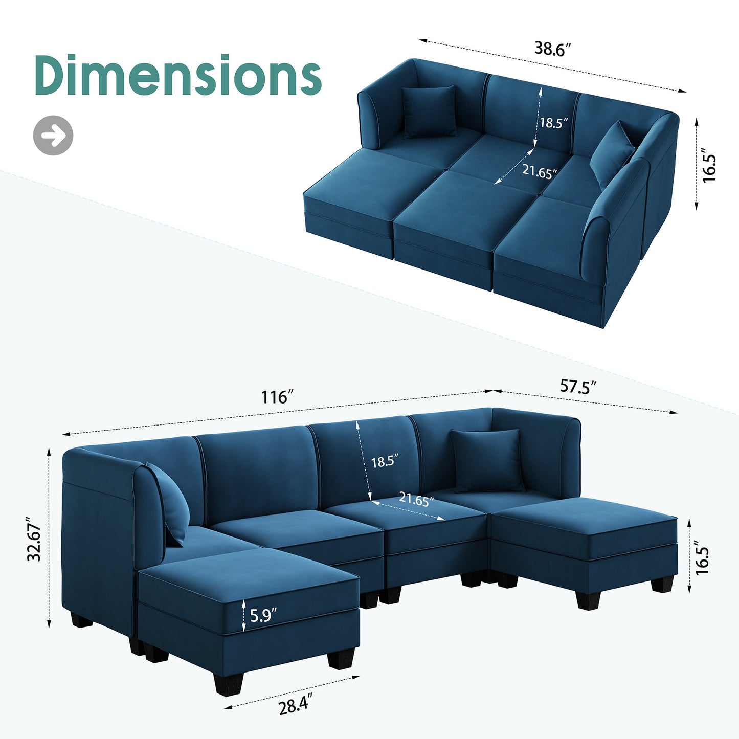 Walsunny U-Shape Convertible Sectional Sofa Couch with 6 Seats