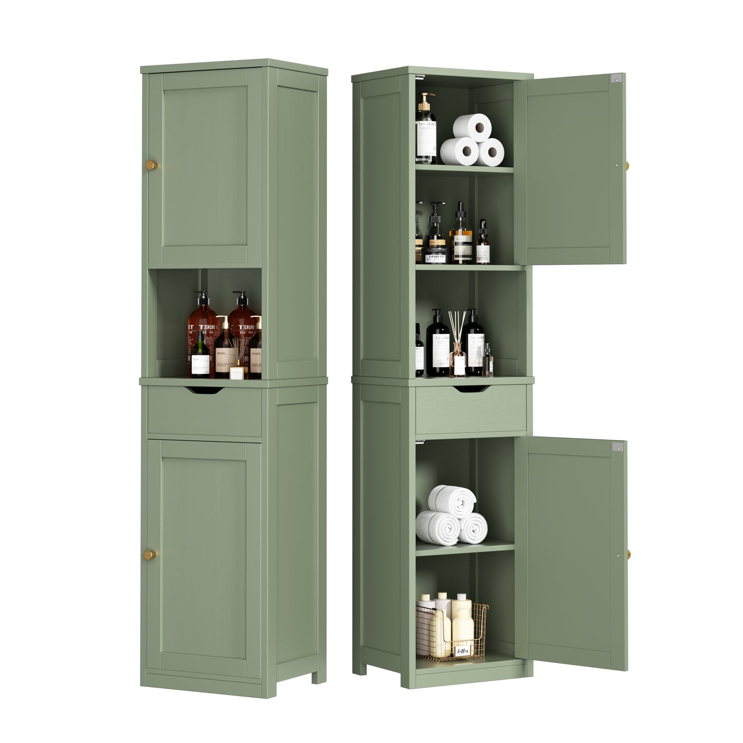 Walsunny Tall Kitchen Storage Pantry Cabinet, 64H Freestanding Bathroom Storage Cabinet, Narrow Cabinet with Adjustable Shelves, Open compartments for Small Spaces, Bathroom, Living Room