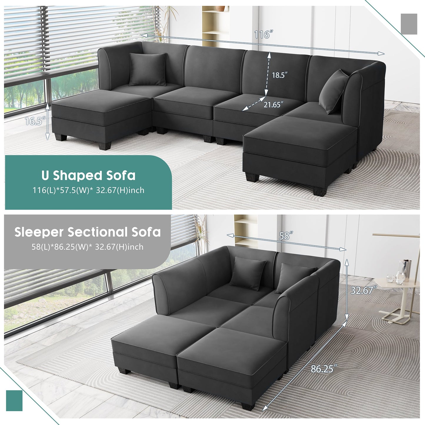 Walsunny U-Shape Convertible Sectional Sofa Couch with 6 Seats
