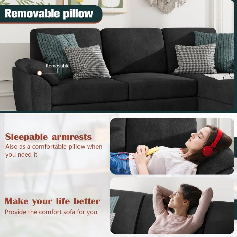 Walsunny 3 Seat L-Shaped Sectional Sofa With Movable Ottoman#color_black