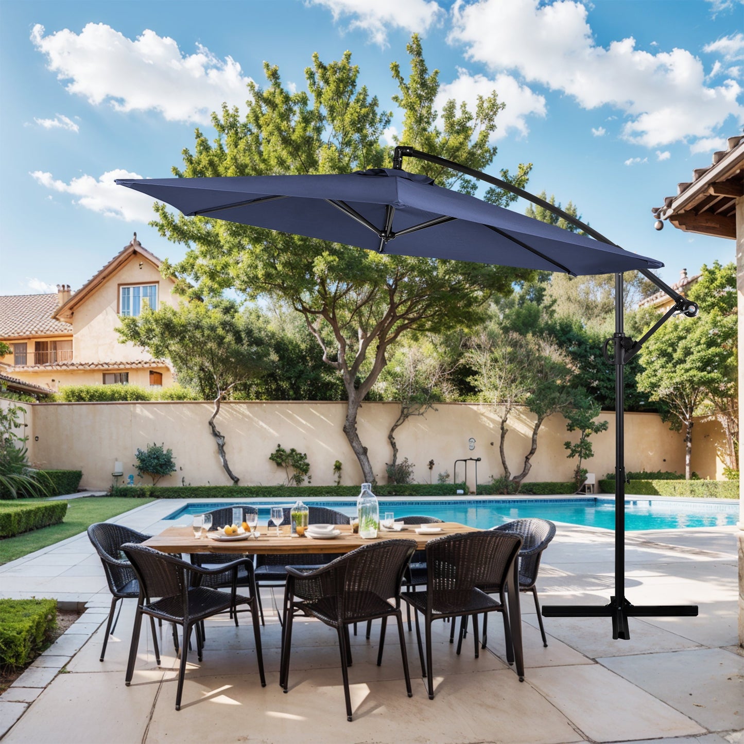 Walsunny 9FT Patio Offset Umbrella Easy Tilt Adjustment,Crank and Cross Base, Outdoor Cantilever Hanging Umbrella with 6 Ribs