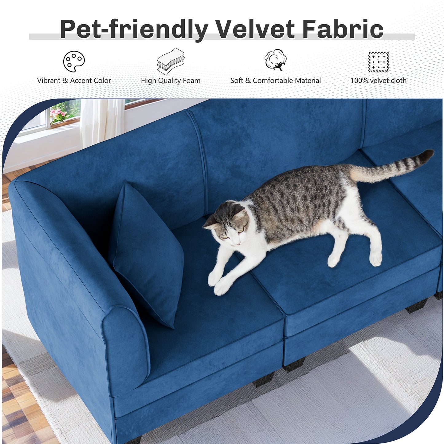 Walsunny Velvet 5 Pieces Modular Sectional Sofa L-Shaped Couch With Reversible Chaise