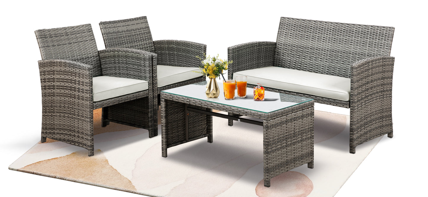 Walsunny 4 Piece Patio Furniture Set, Outdoor Furniture Set Patio Wicker Conversation Set with Cushions and Tempered Glass Tabletop for Lawn Backyard Pool Garden