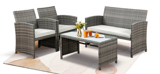 Walsunny 4 Piece Patio Furniture Set, Outdoor Furniture Set Patio Wicker Conversation Set with Cushions and Tempered Glass Tabletop for Lawn Backyard Pool Garden