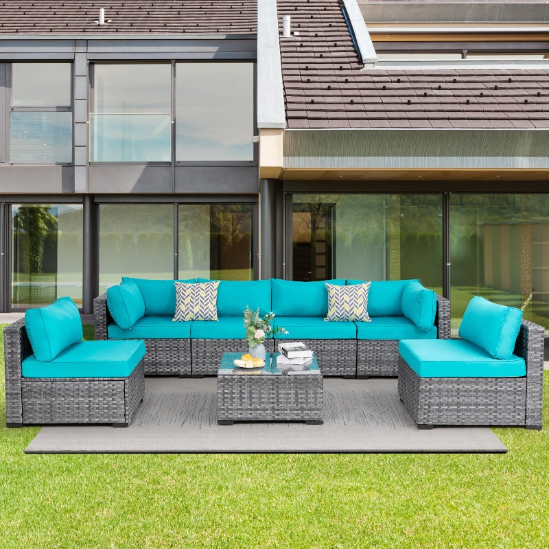 Walsunny Patio Furniture 7 Pieces Outdoor Sectional Sofa Set, Silver Wicker#color_blue