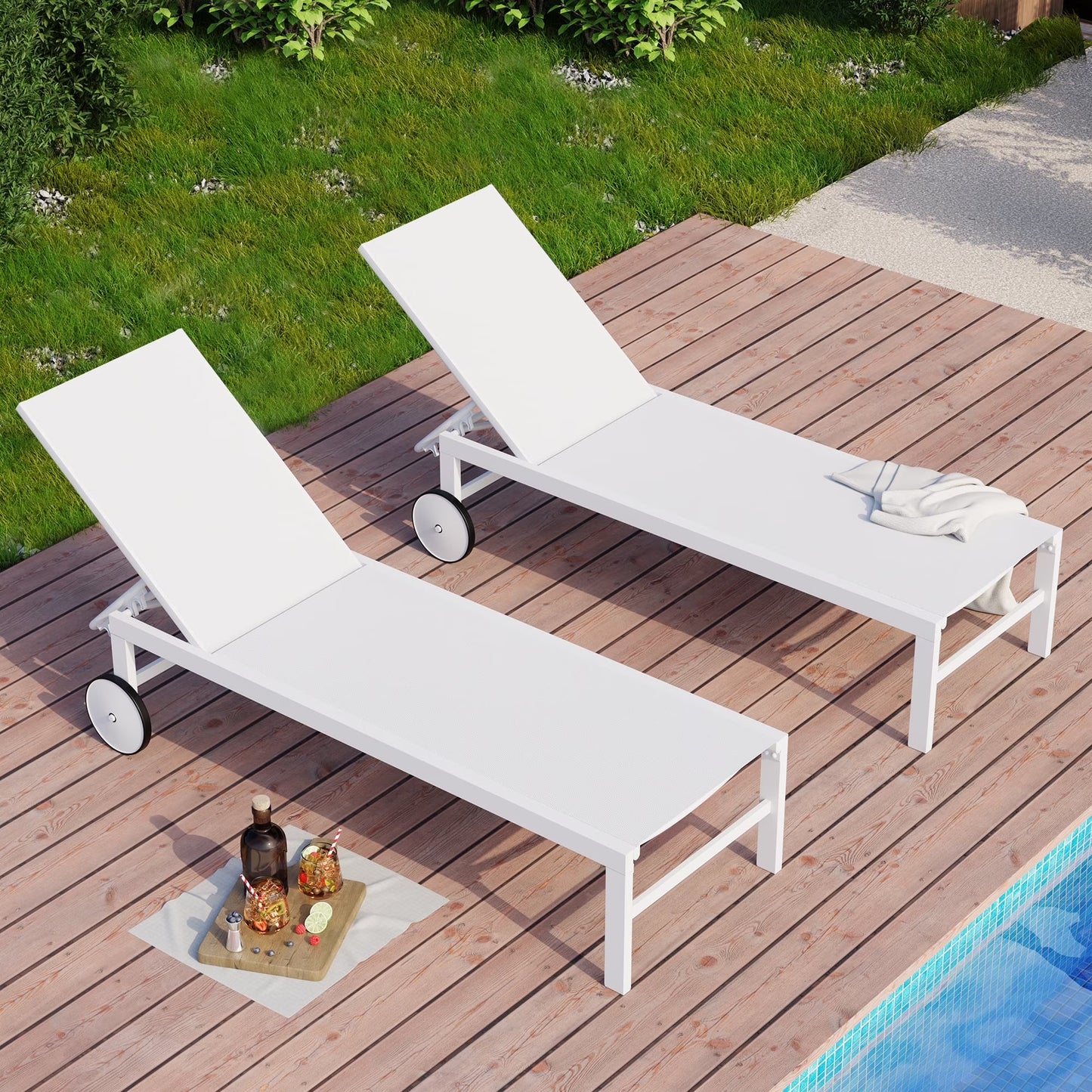 Walsunny 2 Pieces Patio Chaise Lounge, Texilene Folding Reclining Set