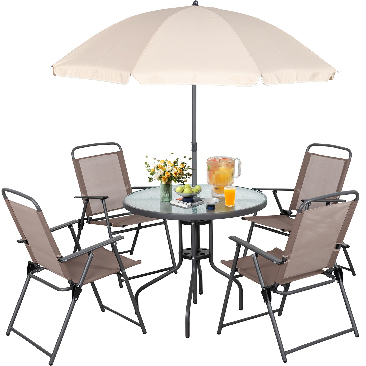 Walsunny Patio Furniture 6 Pieces Texilene Outdoor Folding Dining Set With Umbrella