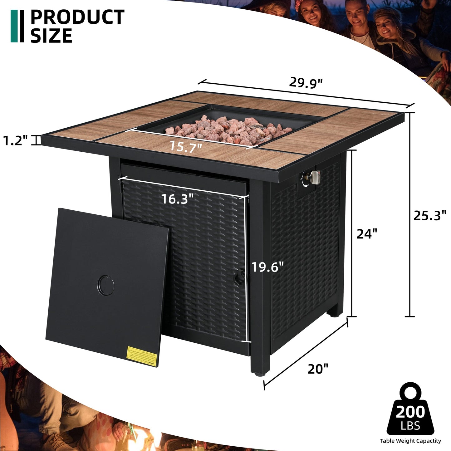 Walsunny 28" Propane Gas Fire Pit Table 50,000 BTU Square Outdoor Wicker