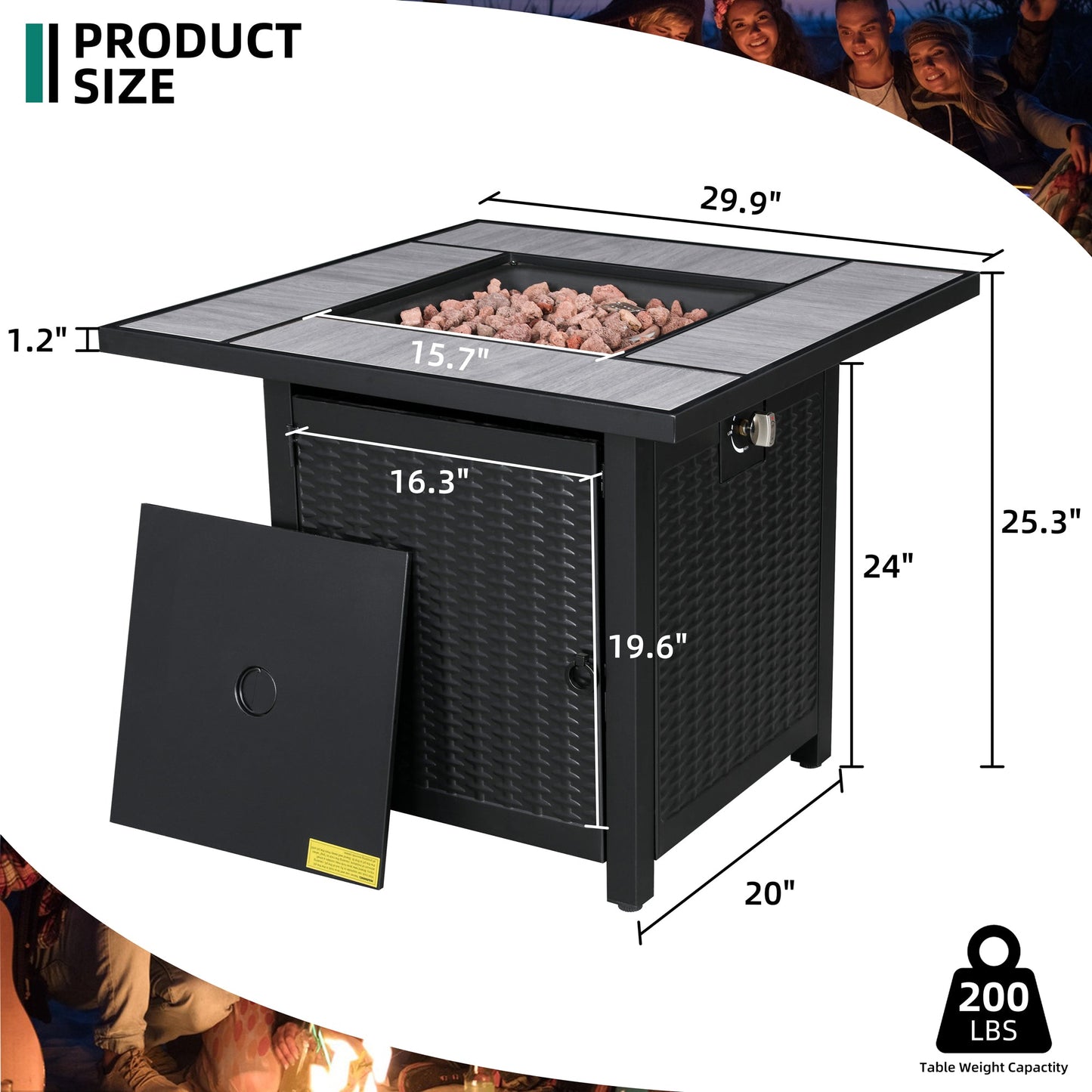 Walsunny 28" Propane Gas Fire Pit Table 50,000 BTU Square Outdoor Wicker