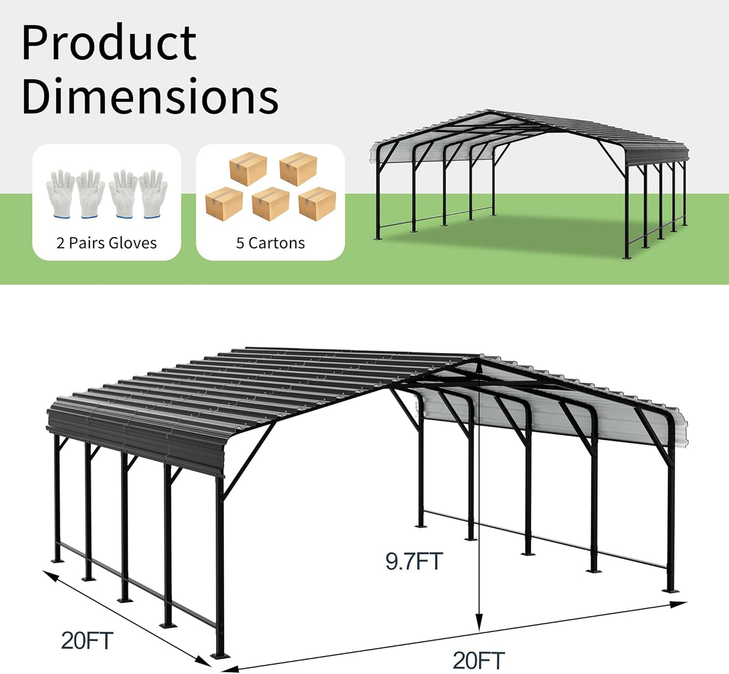 Walsunny 20x20 FT Carport,Heavy Duty Carports Canopy with Steel Roof and Frame,Metal Carport with Enhanced Base Oversized Garage Outdoor Galvanized Shelter for Cars, Boats and Tractors