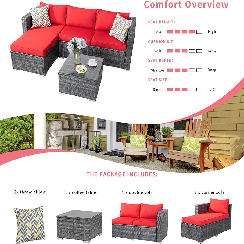 Walsunny 3 Pieces Outdoor Sectional Sofa Set With Silver Wicker & Chaise#color_red