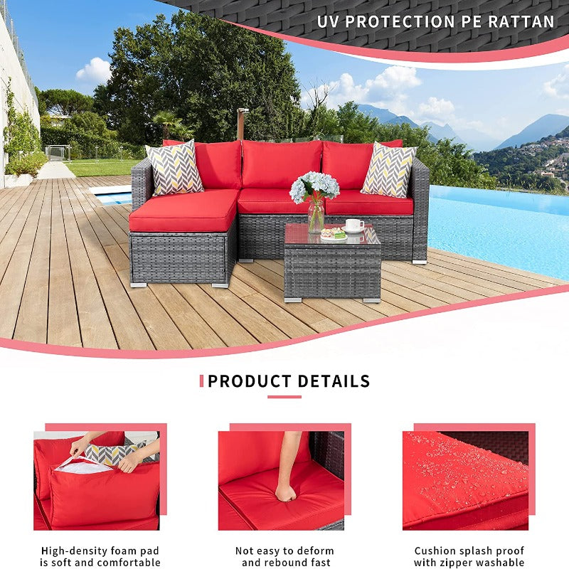 Walsunny 3 Pieces Outdoor Sectional Sofa Set With Silver Wicker & Chaise#color_red
