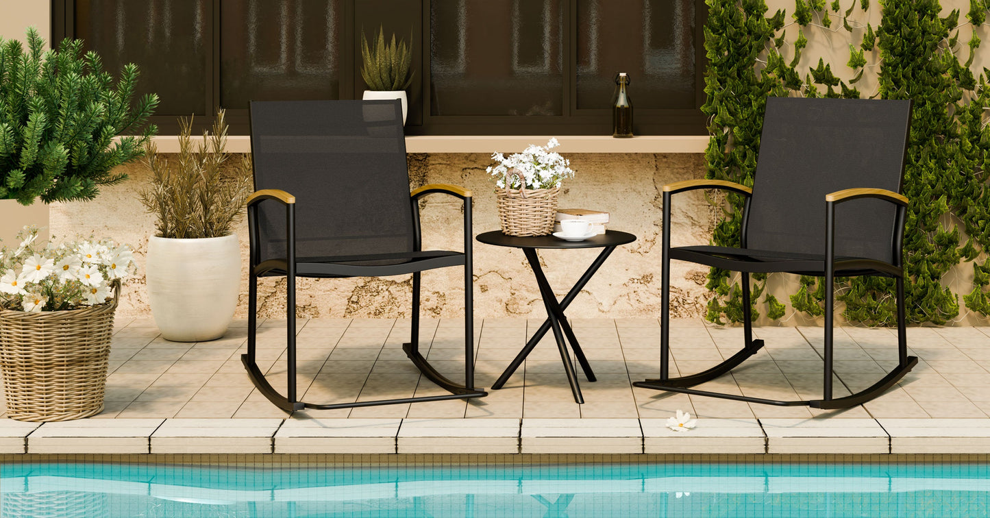 Walsunny 3 Pieces Patio Set Outdoor Patio Furniture Sets Modern Rocking Bistro Set Textilene Chair Conversation Sets Black