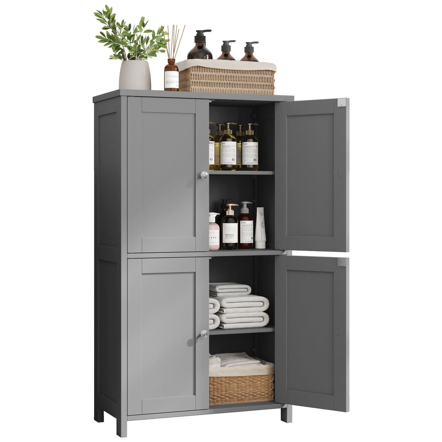 Walsunny Bathroom Storage Floor Cabinet Organizer with Adjustable Shelf 4 Magnetic Doors 43" Wooden Pantry Cabinet Freestanding for Kitchen Living Room Small Spaces