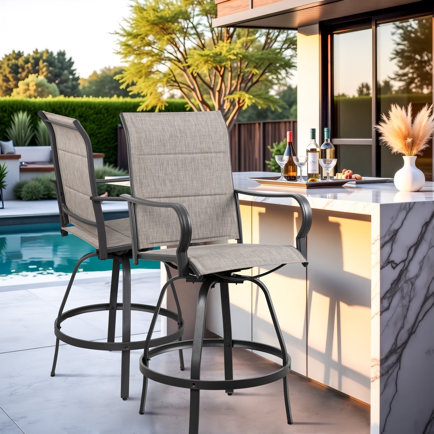 Walsunny 2 Piece Patio Swivel Bar Chairs, All Weather Metal Textile High Swivel Bar Stools Chairs, Outdoor High Top Bistro Set for Backyard, Lawn Garden, Balcony, Taupe