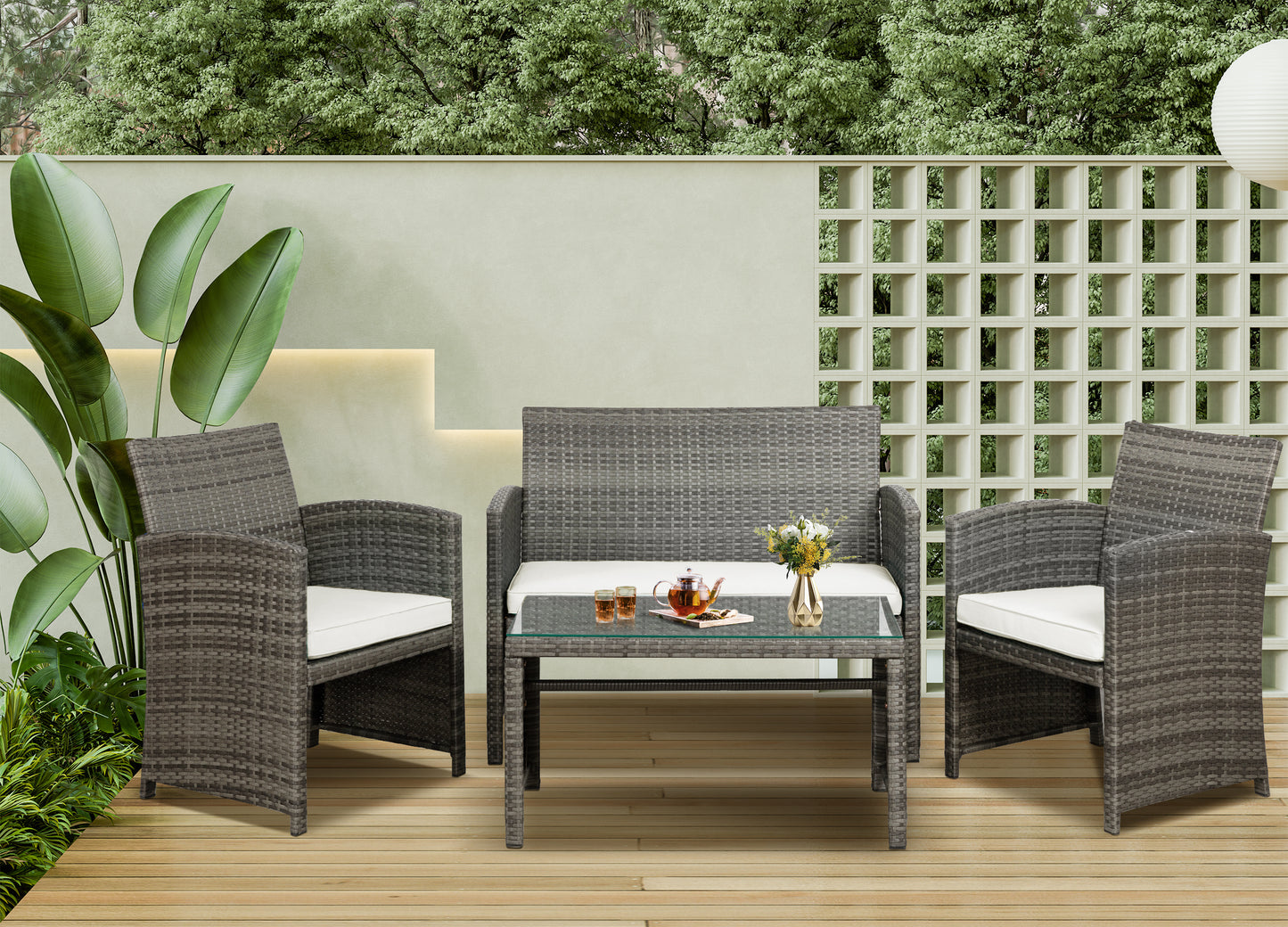 Walsunny 4 Piece Patio Furniture Set, Outdoor Furniture Set Patio Wicker Conversation Set with Cushions and Tempered Glass Tabletop for Lawn Backyard Pool Garden