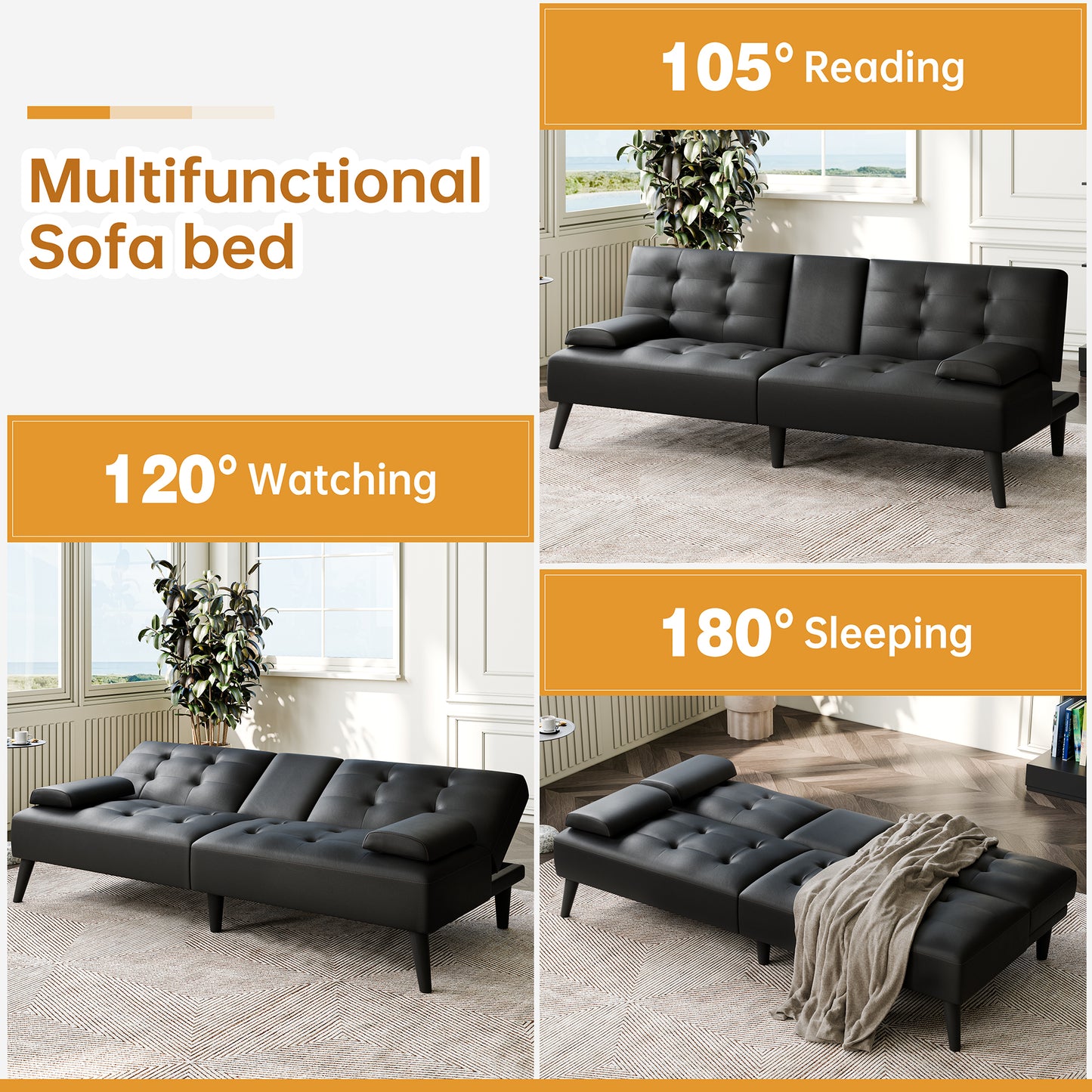 Walsunny 64" Sofa Bed Futon Couches, Folding Loveseat Recliner with 3-Angle Adjustment, Removable Arms 2 Cup Holders for Small Spaces,Gray