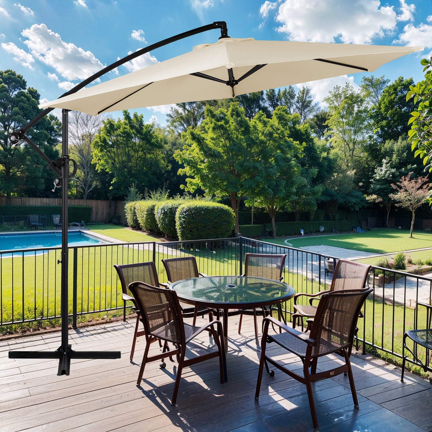 Walsunny 9FT Patio Offset Umbrella Easy Tilt Adjustment,Crank and Cross Base, Outdoor Cantilever Hanging Umbrella with 6 Ribs