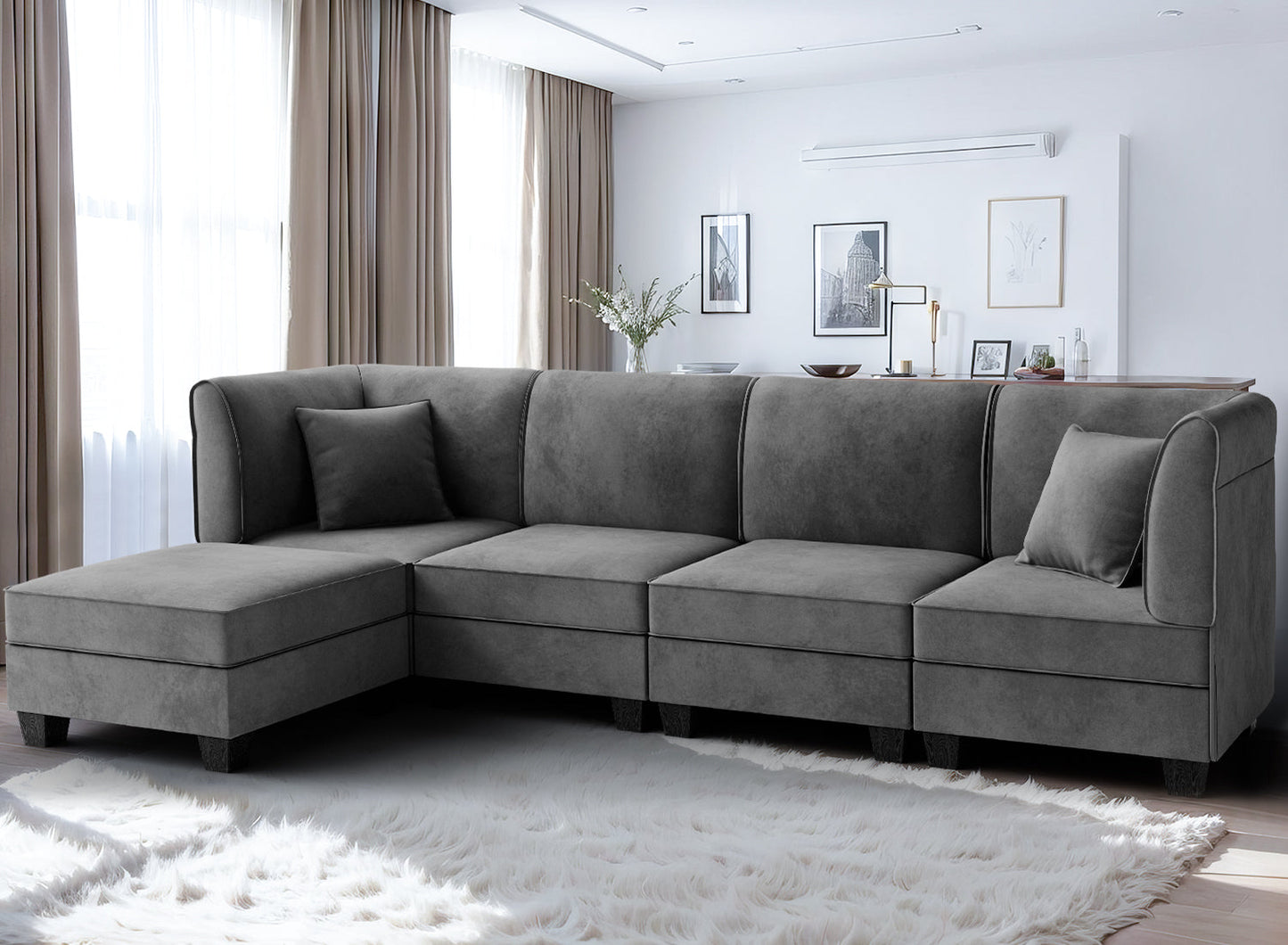 Walsunny Velvet 5 Pieces Modular Sectional Sofa L-Shaped Couch With Reversible Chaise