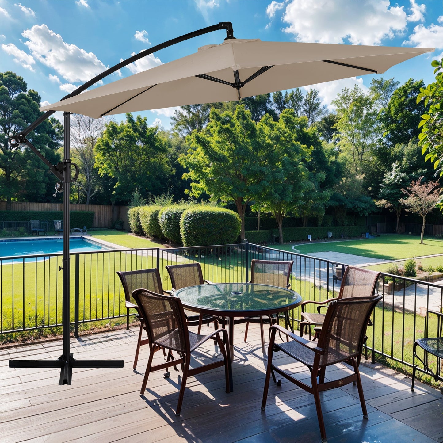 Walsunny 9FT Patio Offset Umbrella Easy Tilt Adjustment,Crank and Cross Base, Outdoor Cantilever Hanging Umbrella with 6 Ribs