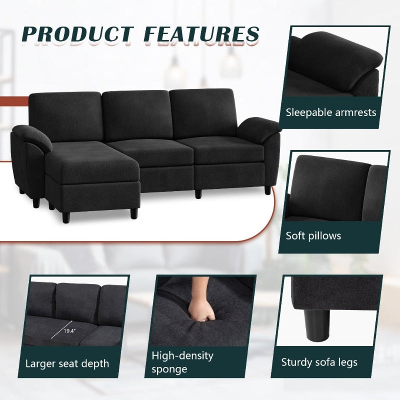 Walsunny 3 Seat L-Shaped Sectional Sofa With Movable Ottoman#color_black