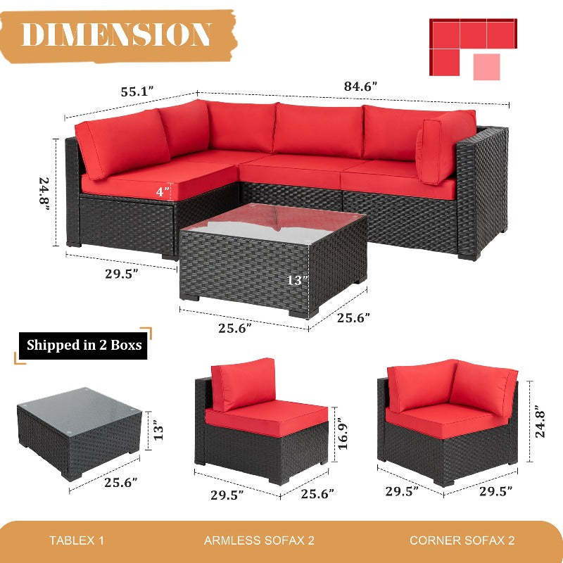Walsunny 5 Pieces Outdoor Sectional Sofa, Patio furniture Set#color_red